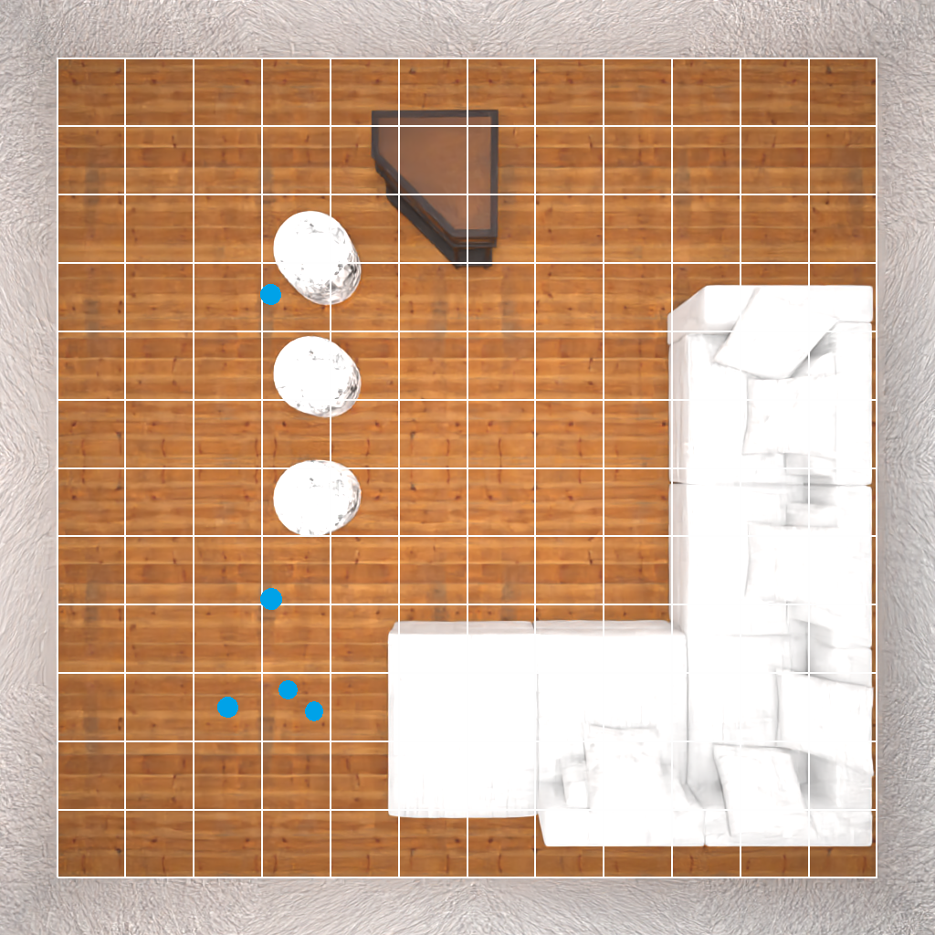 Top-down view of the room with blue dots