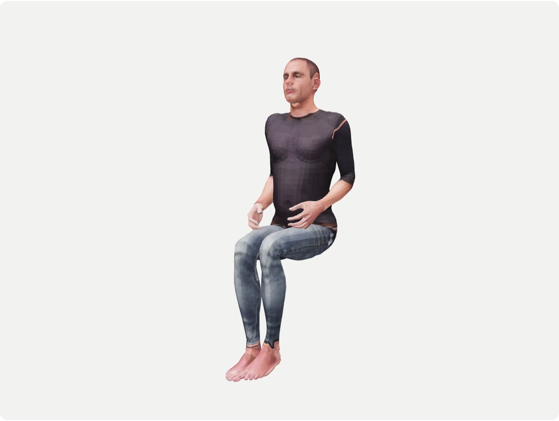 Accepted pose after the contextual retry, with elbows bent and hands forward over the lap