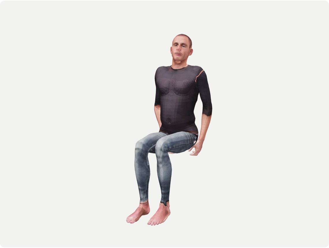 Rejected pose with arms hanging behind the hips instead of forward over the lap