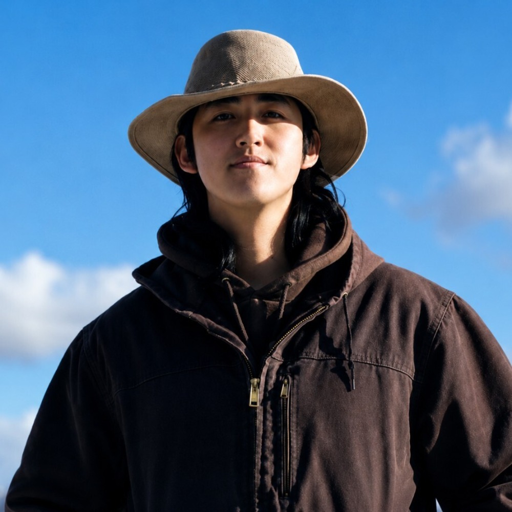 I am Shuai Zhou. I am wearing a wide brimmed hat.